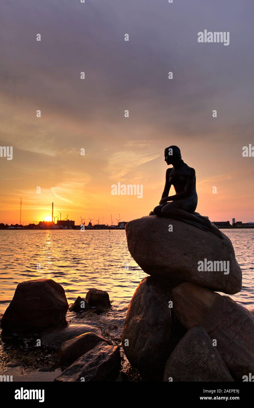 Statue der Meerjungfrau im Langelinie bei Sonnenaufgang, Kopenhagen, Dänemark Stockfoto