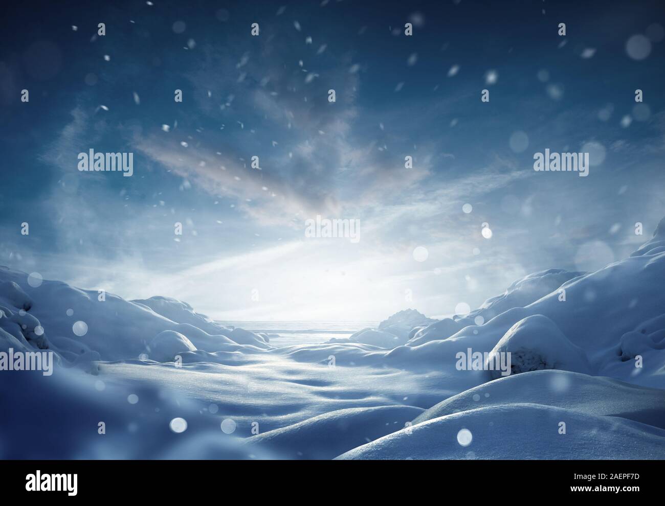 Eine Schneelandschaft an einem frostigen Winter Weihnachten Morgen. Stockfoto