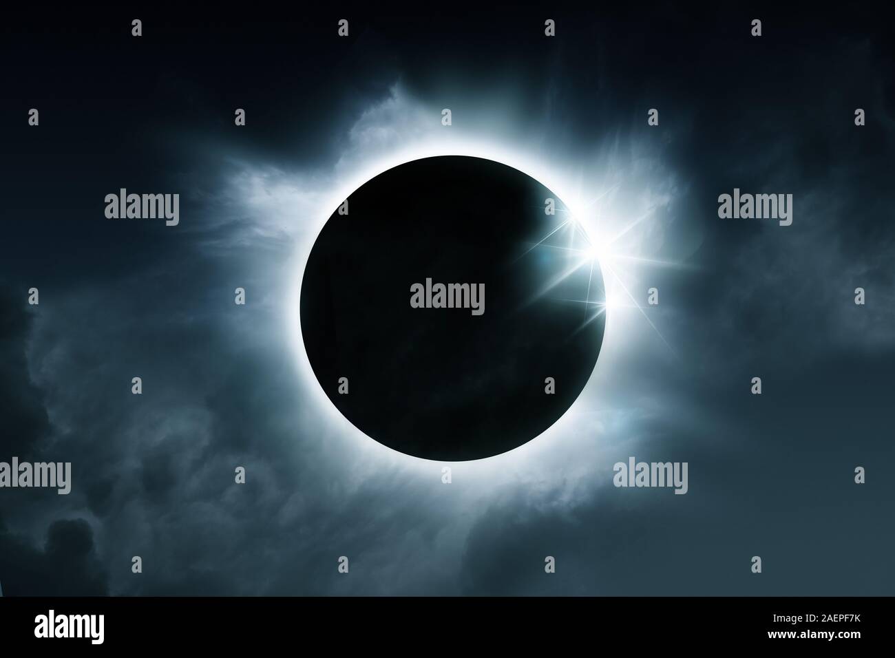 Eine Sonnenfinsternis. Die totale Sonnenfinsternis wird verursacht, wenn die Sonne, Mond und Erde ausrichten. Abbildung. Stockfoto