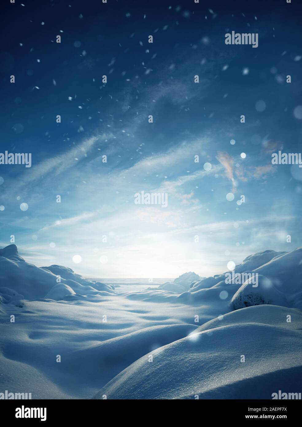 Eine mystische Winter verschneite Landschaft Weihnachten Hintergrund mit Partikeln von Schnee fallen. Stockfoto