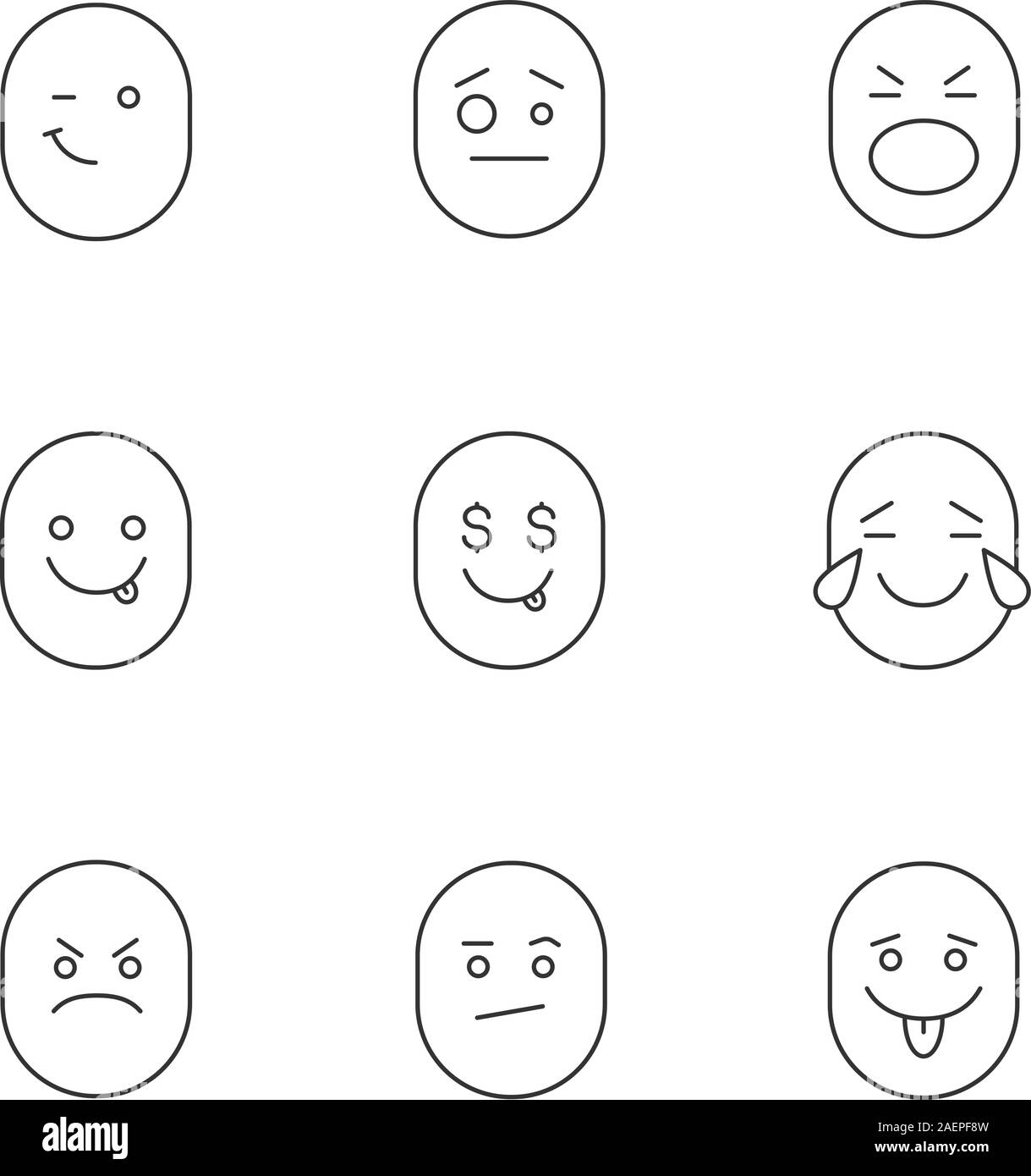 Lächeln lineare Symbole gesetzt. Thin Line Kontur Symbole. Gute und schlechte Laune. Winking, verwirrt, schockiert, lecker, gierig, Lachen, wütend, gelangweilt Emoticons. Ist Stock Vektor