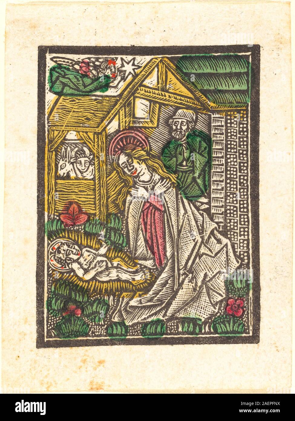 Das Krippenbild aus der Werkstatt des Meisters der Aachener Madonna, entstanden um 1480. Das Kunstwerk zeigt die Geburt Jesu Christi, darunter Figuren wie Maria, Josef und das Kind, mit traditionellen Elementen spätgotischer religiöser Kunst. Stockfoto