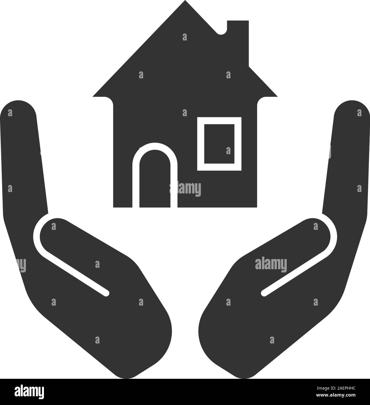 Palmen mit Haus Glyphe Symbol Öffnen. Immobilien Versicherung. Silhouette Symbol. Immo Investment. Negativer Platz. Vektor isoliert Abbildung Stock Vektor