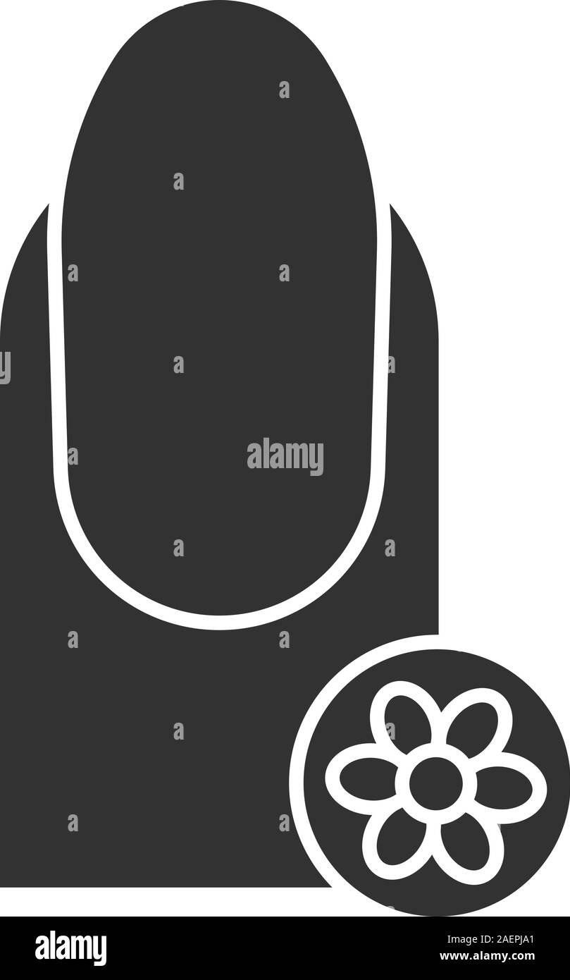 Nagel floral Design glyph Icon. Silhouette Symbol. Klassische Maniküre mit Blume. Negativer Platz. Vektor isoliert Abbildung Stock Vektor