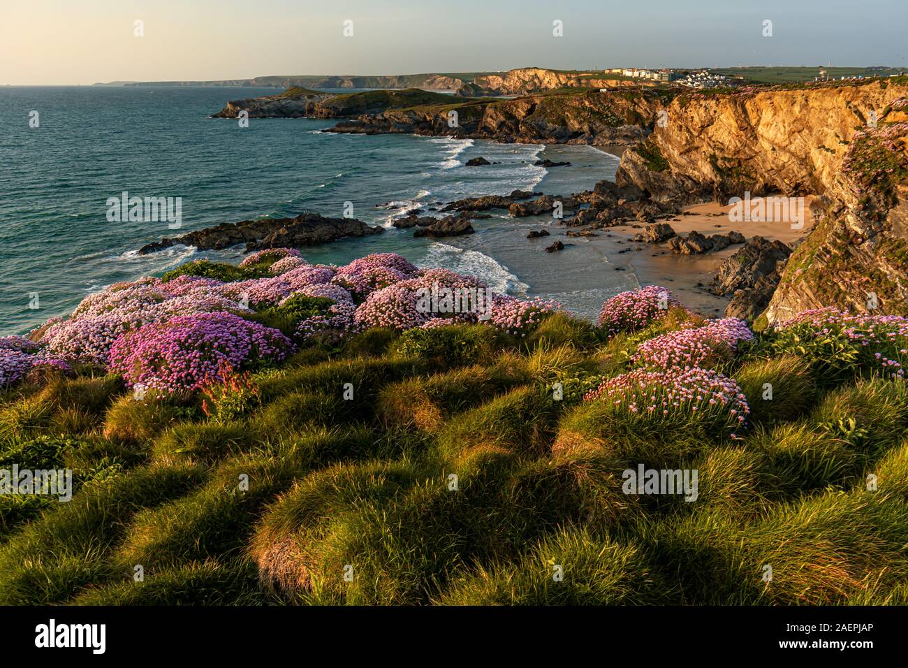 Der goldene Felsen an der Küste von Newquay Strand an der Goldenen Stunde im Süden von Cornwall, England, Vereinigtes Königreich, Großbritannien Stockfoto
