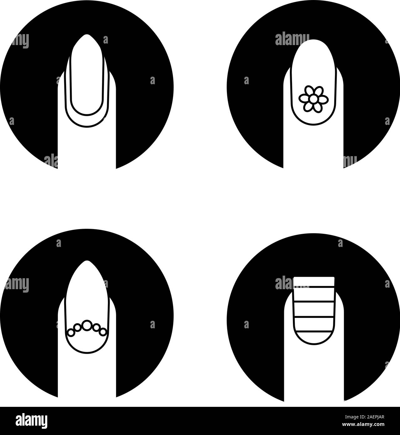 Maniküre Glyphe Symbole gesetzt. Mandelförmig Nagel mit umgekehrter Mond und Perlen, Streifen und Blume. Maniküre Typen. Vektor weisse Silhouetten Illustrationen i Stock Vektor