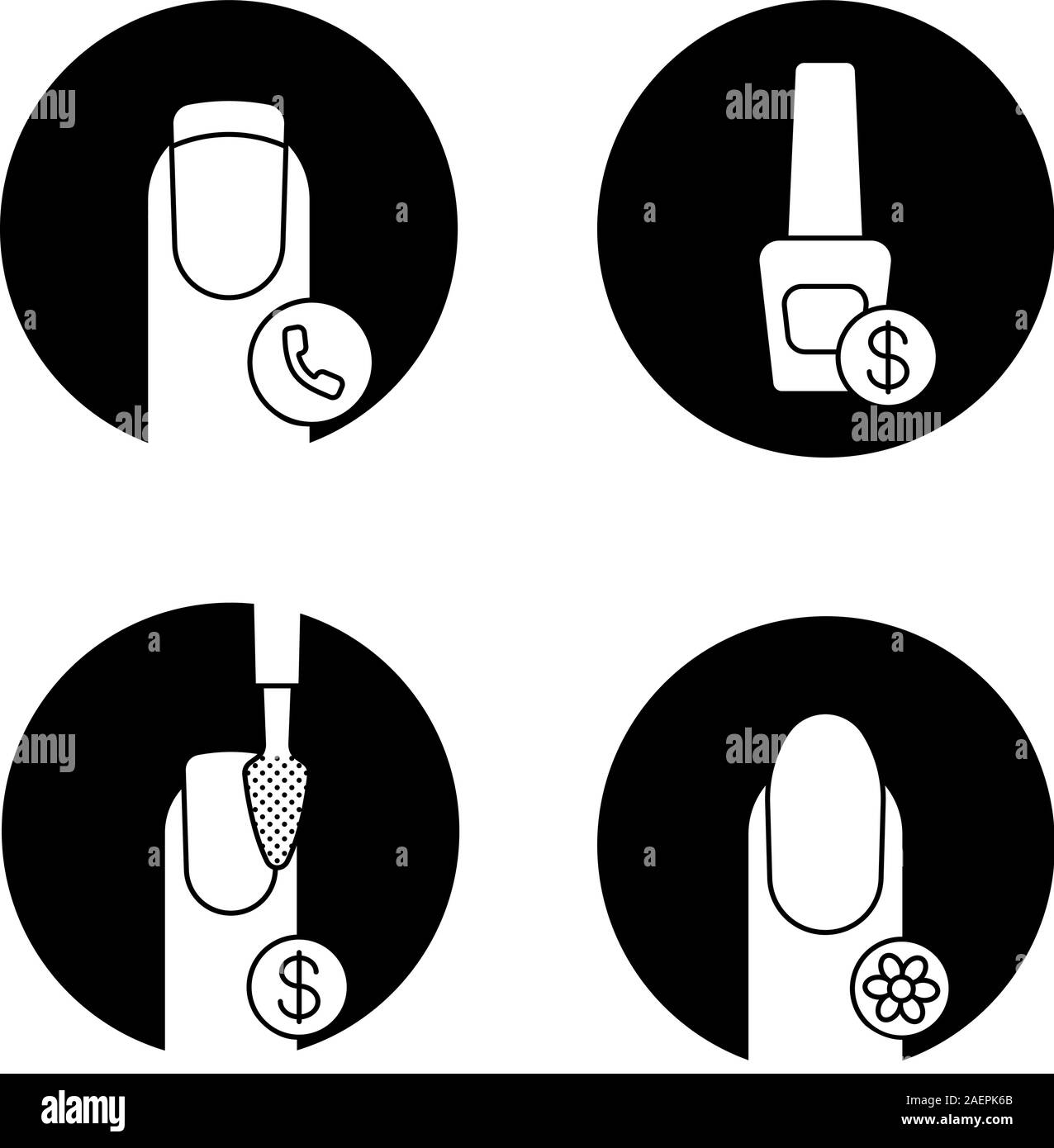 Maniküre Glyphe Symbole gesetzt. Aufruf zum Salon, Nägel polieren Preise, ovale Maniküre mit Blume. Vektor weisse Silhouetten Abbildungen in Schwarz c Stock Vektor