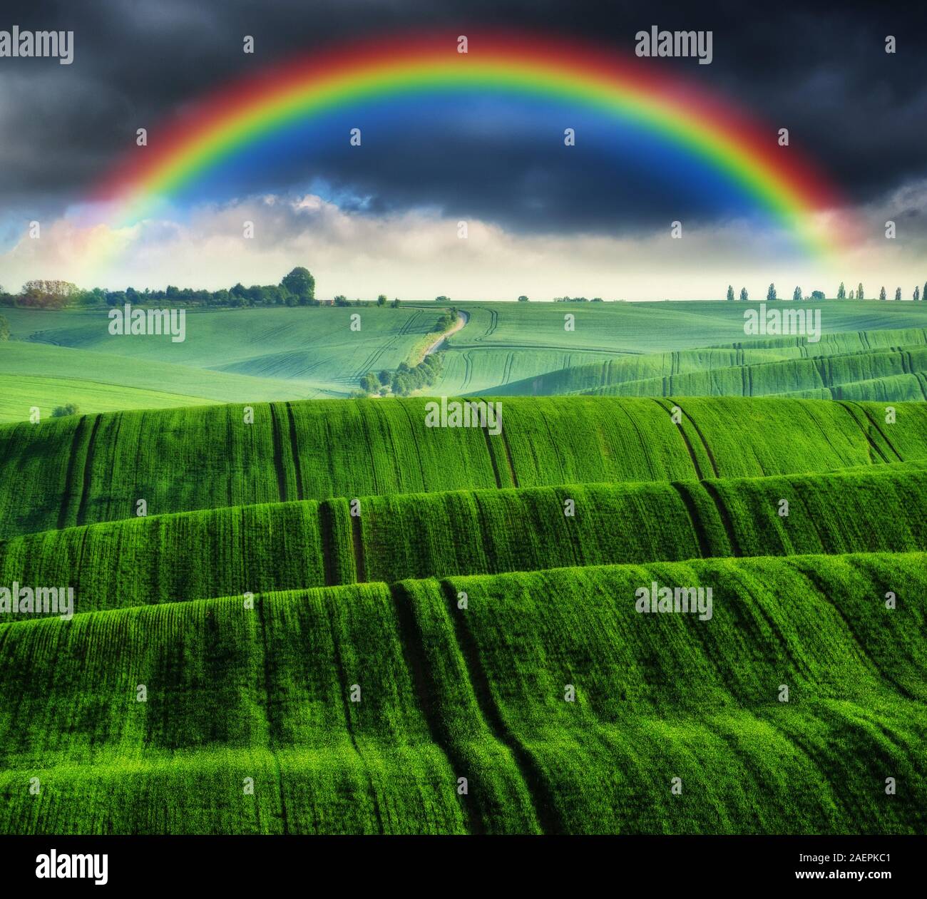 Regenbogen im Feld. malerischen Himmel über ein hügeliges Gebiet. Nach einem Gewitter Stockfoto