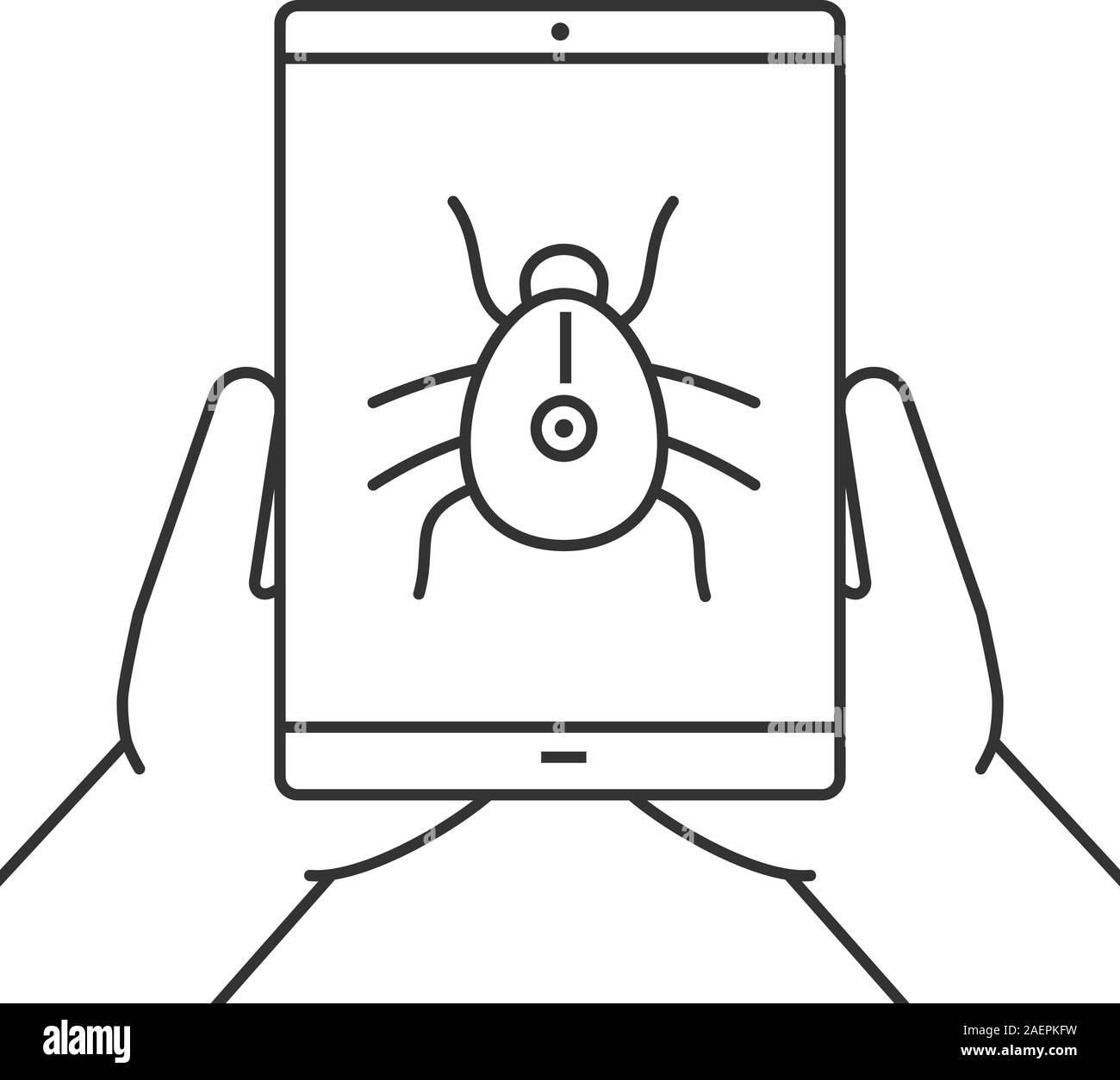 Hände halten Tablet Computer lineare Symbol. Computer Virus. Dünne Linie Abbildung. Tablet Computer mit Spinne. Kontur Symbol. Vektor isoliert outlin Stock Vektor