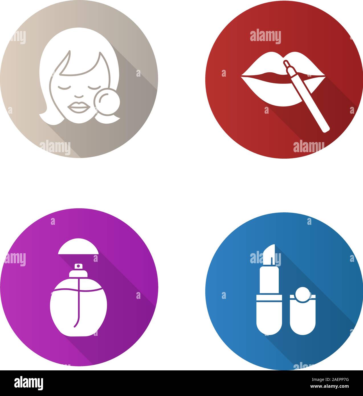 Kosmetik flache Bauweise lange Schatten Glyphe Symbole gesetzt. Frau mit Make-up Schwamm, Bleistift, Lippenstift, Parfum, Pomade. Vektor silhouette Abbildung Stock Vektor