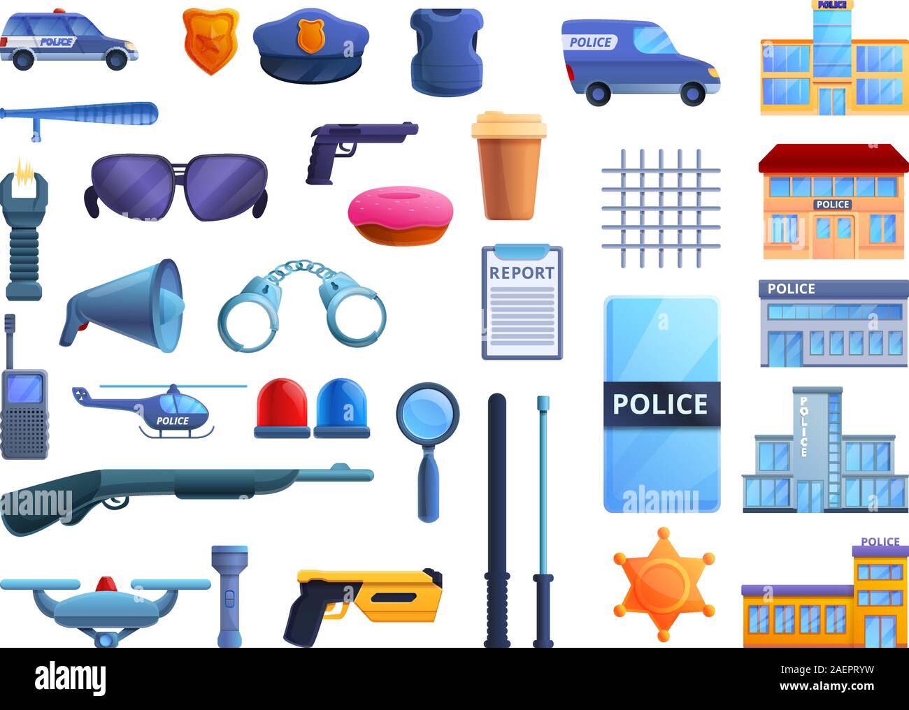 Polizeistation Symbole gesetzt. Cartoon der Polizeistation Vector Icons für Web Design Stock Vektor
