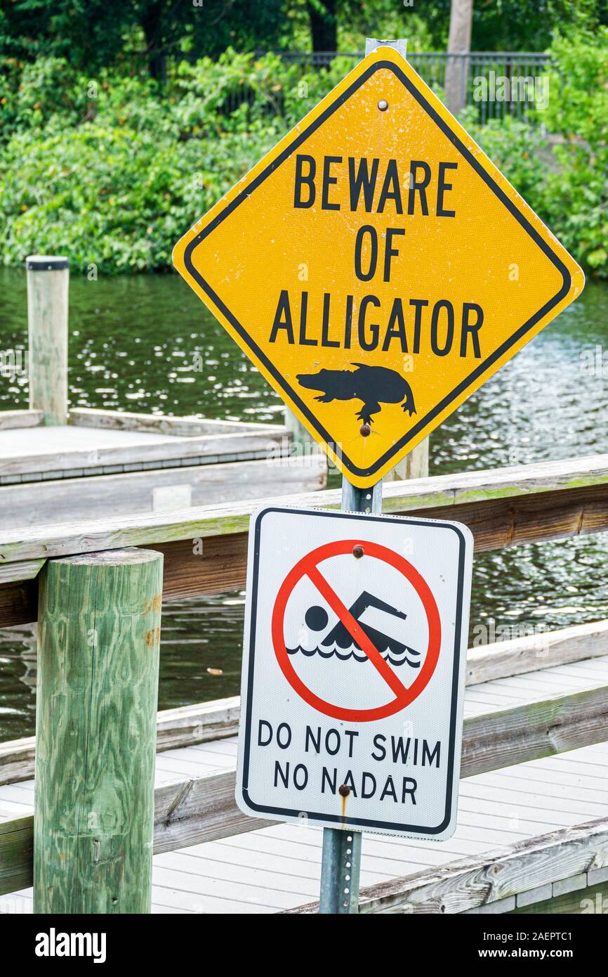 Port St. Saint Lucie Florida, North Fork St. Saint Lucie River Aquatic Preserve, Veterans Memorial Park, Bootsanlegestelle, Vorsicht Alligator Warnung, kein Schwimmen, s Stockfoto