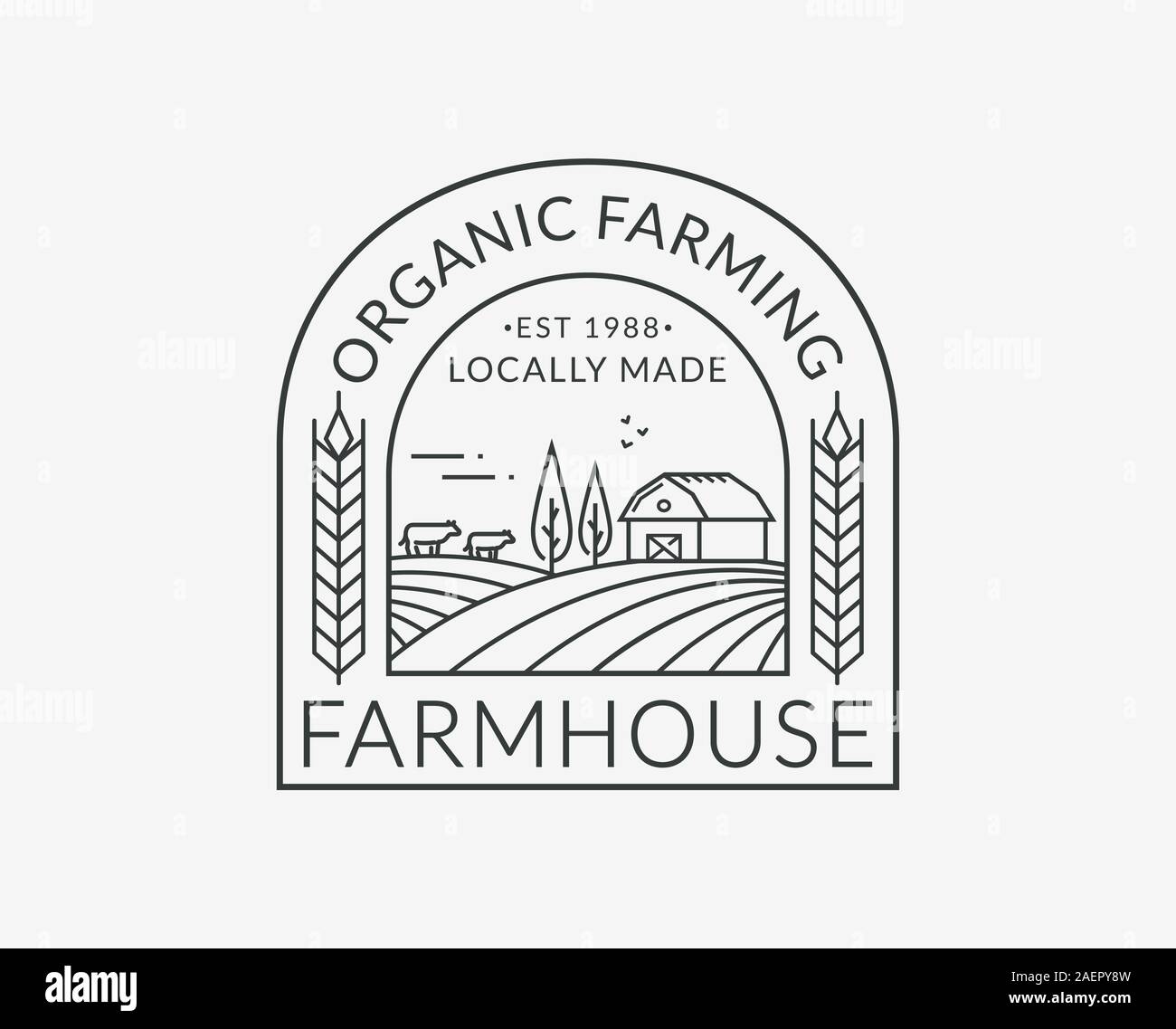 Farm-Logo auf weißem Hintergrund isoliert. Linie Emblem mit Bauernhof, Kühe und Weizenohr. Vektor-Umriss-Abzeichen für Naturprodukte und Bio-Lebensmittel. Stock Vektor