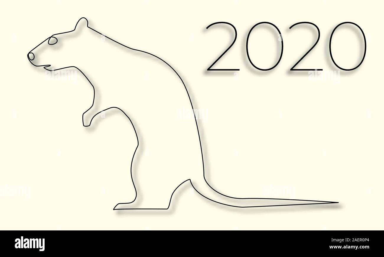 Ratte und die Inschrift 2020 dünne Linie wirft einen Schatten, ein frohes neues Jahr, Vektor Stock Vektor