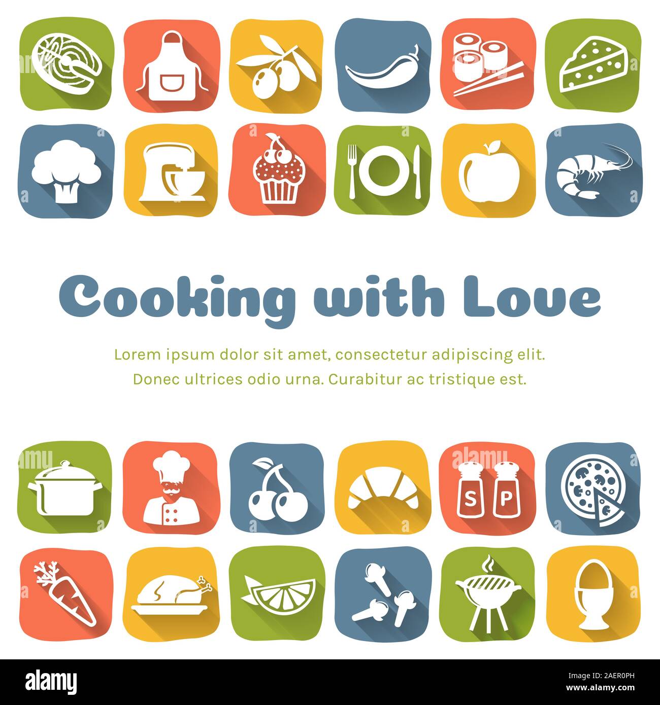 Kochen Banner mit flachen Symbole und Kopieren. Buntes kulinarisches Hintergrund mit Platz für Text. Vector Illustration. Stock Vektor