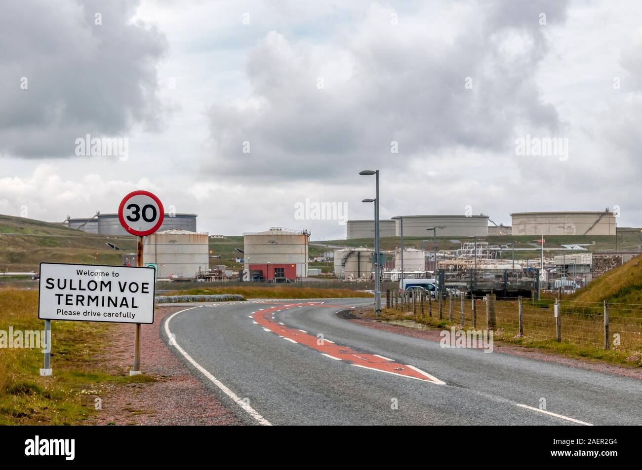 Schild am Eingang der Sullom Voe Öl und Gas Terminal. Stockfoto