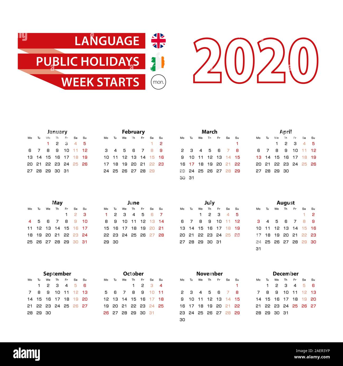 Kalender 2020 in englischer Sprache mit Feiertagen des Landes Irland im Jahr 2020. Woche beginnt ab Montag. Vector Illustration. Stock Vektor