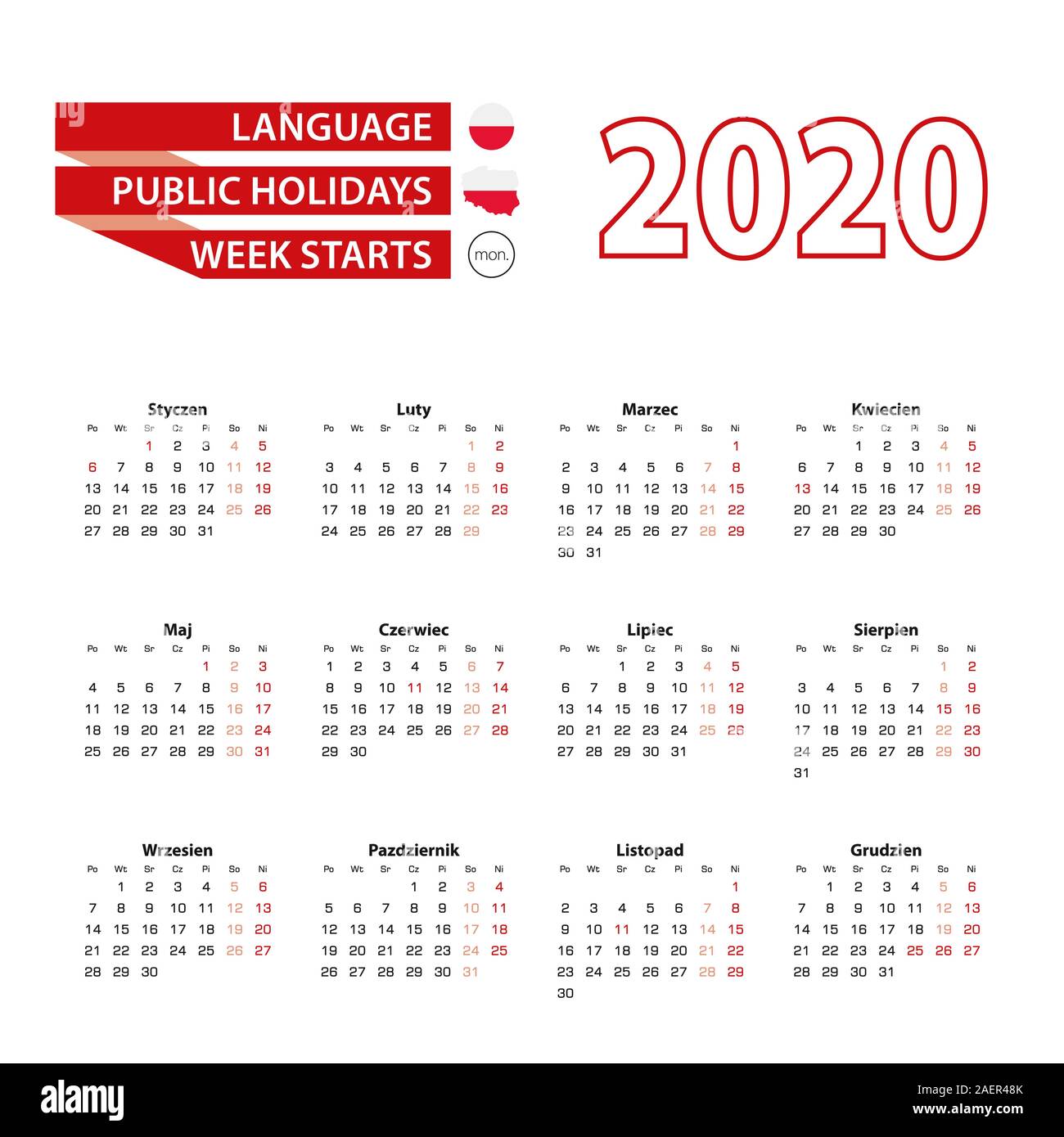 Kalender 2020 in polnischer Sprache mit Feiertagen des Landes von Polen im Jahr 2020. Woche beginnt ab Montag. Vector Illustration. Stock Vektor