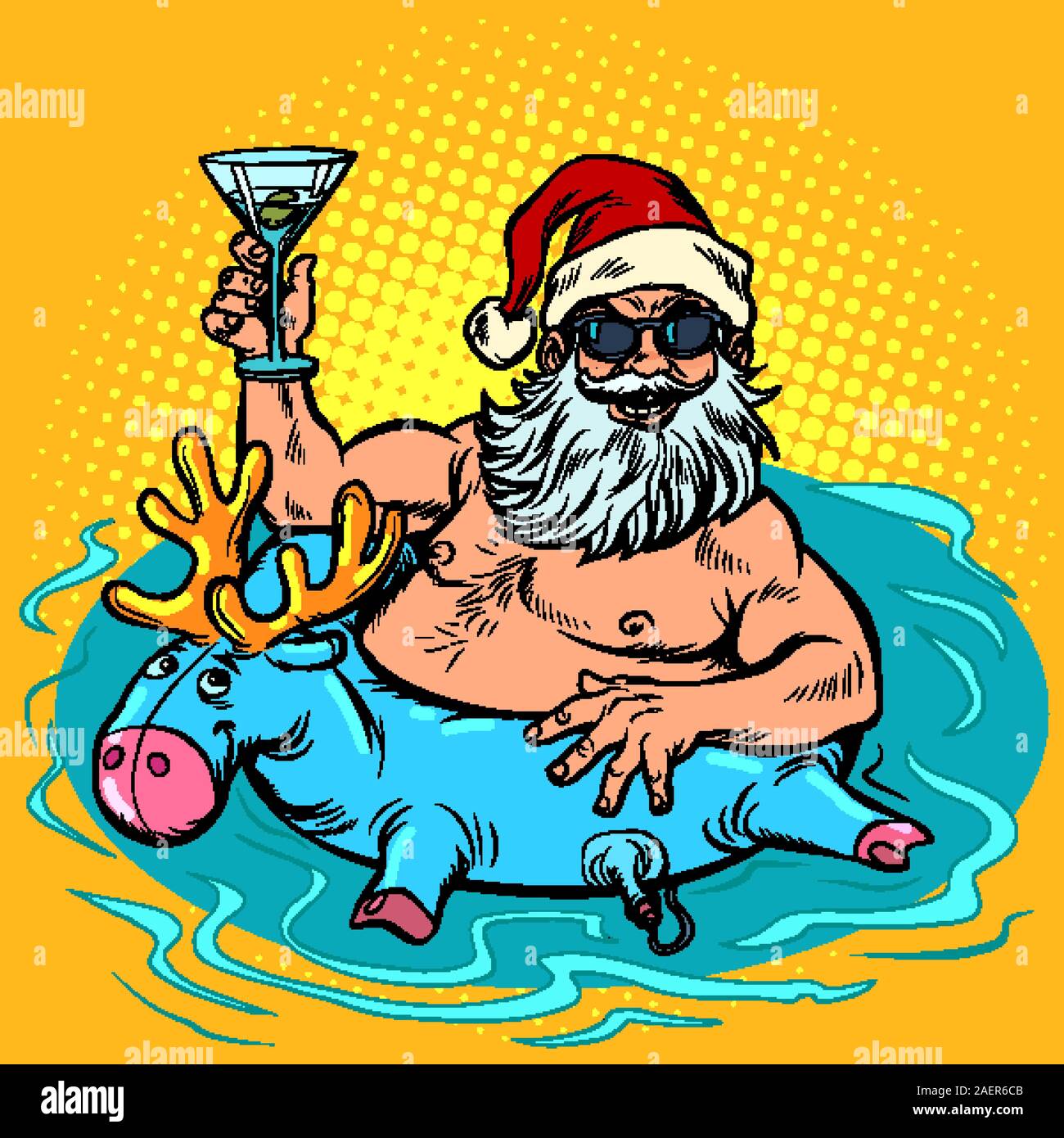 Party im neuen Jahr. Santa Clays im Resort im Pool mit einem aufblasbaren Hirsch und einem Cocktail Stock Vektor