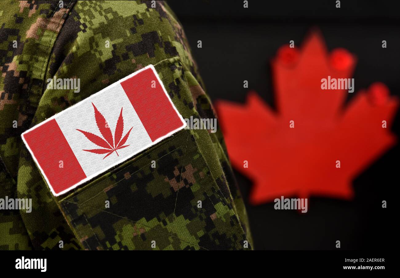 Cannabis in Kanada. Cannabis leaf Austausch des Maple Leaf auf der kanadischen Flagge. Cannabis in der Armee. Stockfoto