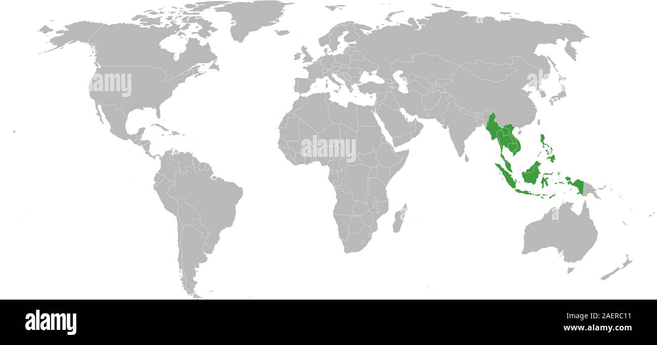 ASEAN-Länder hervorgehoben mit grüner Farbe auf Weltkarte Vector Illustration. Stock Vektor
