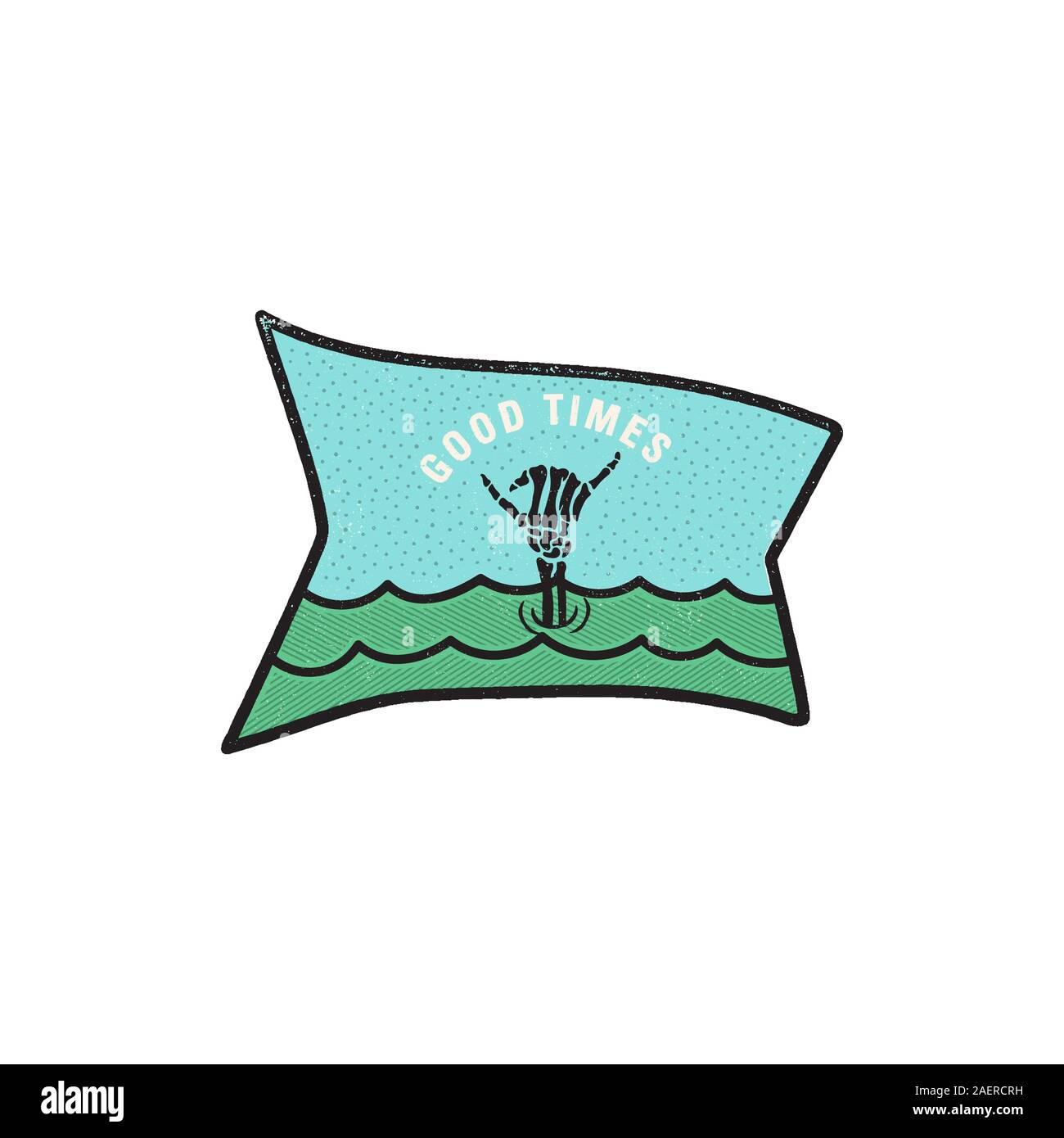 Vintage Skelett hand Logo, shaka Print Design für t-shirt. Gute Zeiten lustig Typografie zitat Konzept. Ungewöhnliche Hand gezeichnet Surfen Ozean Grafik patch Stock Vektor