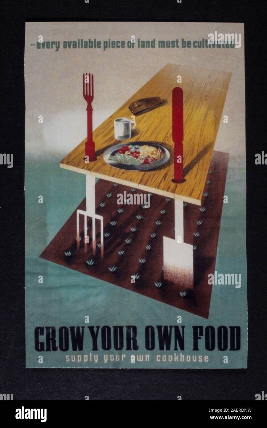 "Bauen Sie Ihre Eigenen Lebensmittel ein, und stellen Sie Ihr eigenes Kochhaus zur Verfügung", ein Stück Replikat-Erinnerungsstücke aus dem zweiten Weltkrieg aus Großbritannien in den vierziger Jahren. Stockfoto