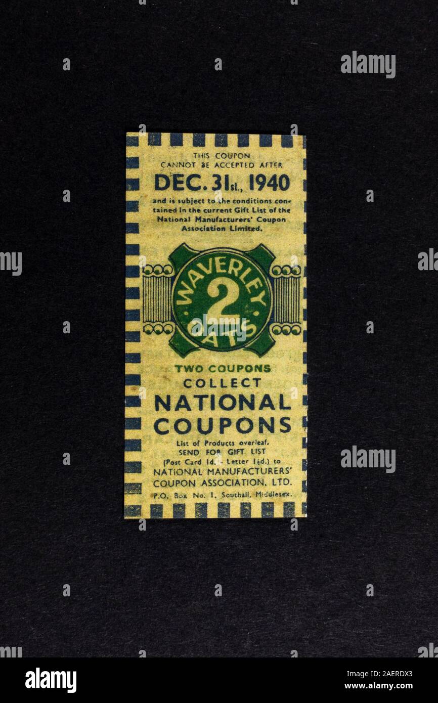 Ein Waverley 2 Oats National Coupons Ticket, ein Stück Replikat-Erinnerungsstücke aus Großbritannien aus dem zweiten Weltkrieg in den 40er Jahren. Stockfoto