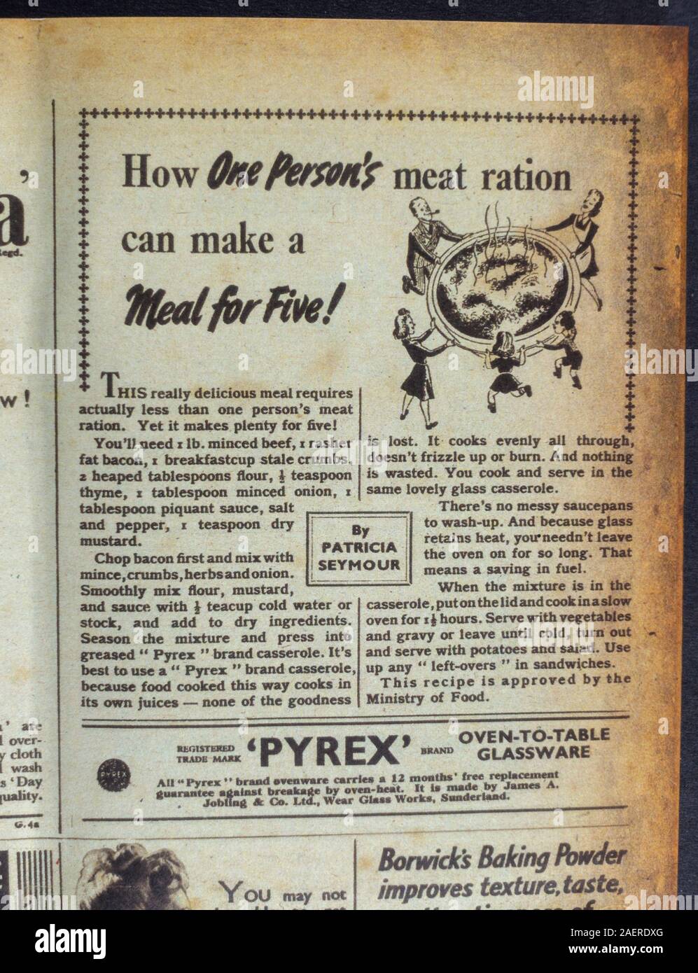 Ein Werbespot für Pyrex Ofenware in der Zeitschrift "Woman's Illustrated" (17. Juni 44): Ein Stück Replik Erinnerungsstücke aus dem zweiten Weltkrieg aus den vierziger Jahren Großbritanniens. Stockfoto