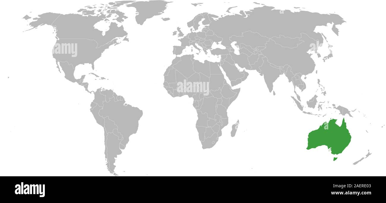 Australien Karte markiert Grün auf Weltkarte Vektorgrafiken. Grauer Hintergrund. Perfekt für Business Konzepte, Hintergründe, Hintergrund, Etiketten, Plakate eine Stock Vektor