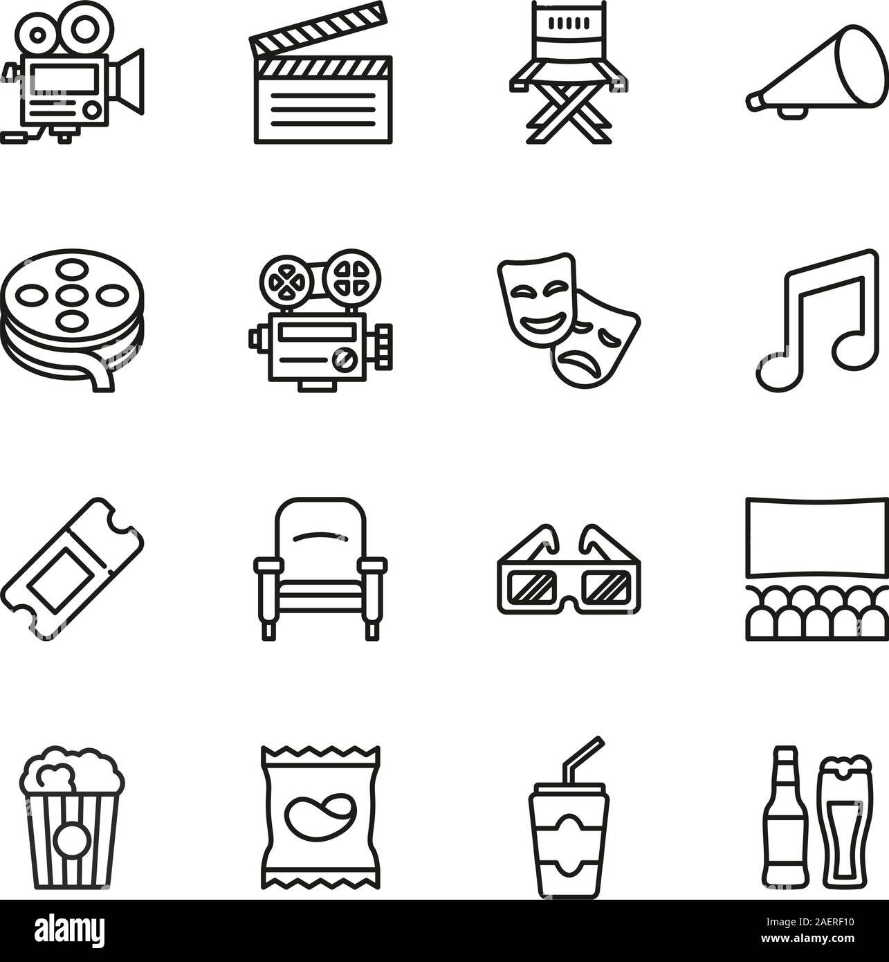 Movie Icons dünne Linie einstellen Stock Vektor