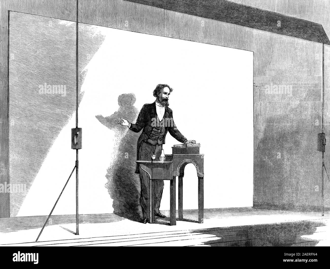 Vintage Abbildung: Darstellung Deutsch Autor Charles Dickens (1812 - 1870), eine öffentliche Lesung von seiner Arbeit. Die Skizze von Charles ein Barry erschien in der 7. Dezember 1867 Ausgabe von Harper's Weekly Magazin. Stockfoto