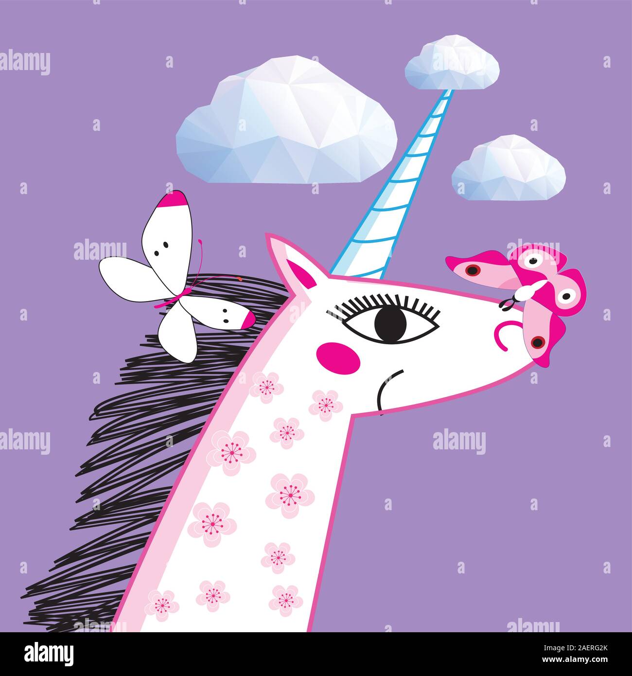 Vector portrait einer Einhorn auf einem hellen Lila Hintergrund mit Wolken Stock Vektor