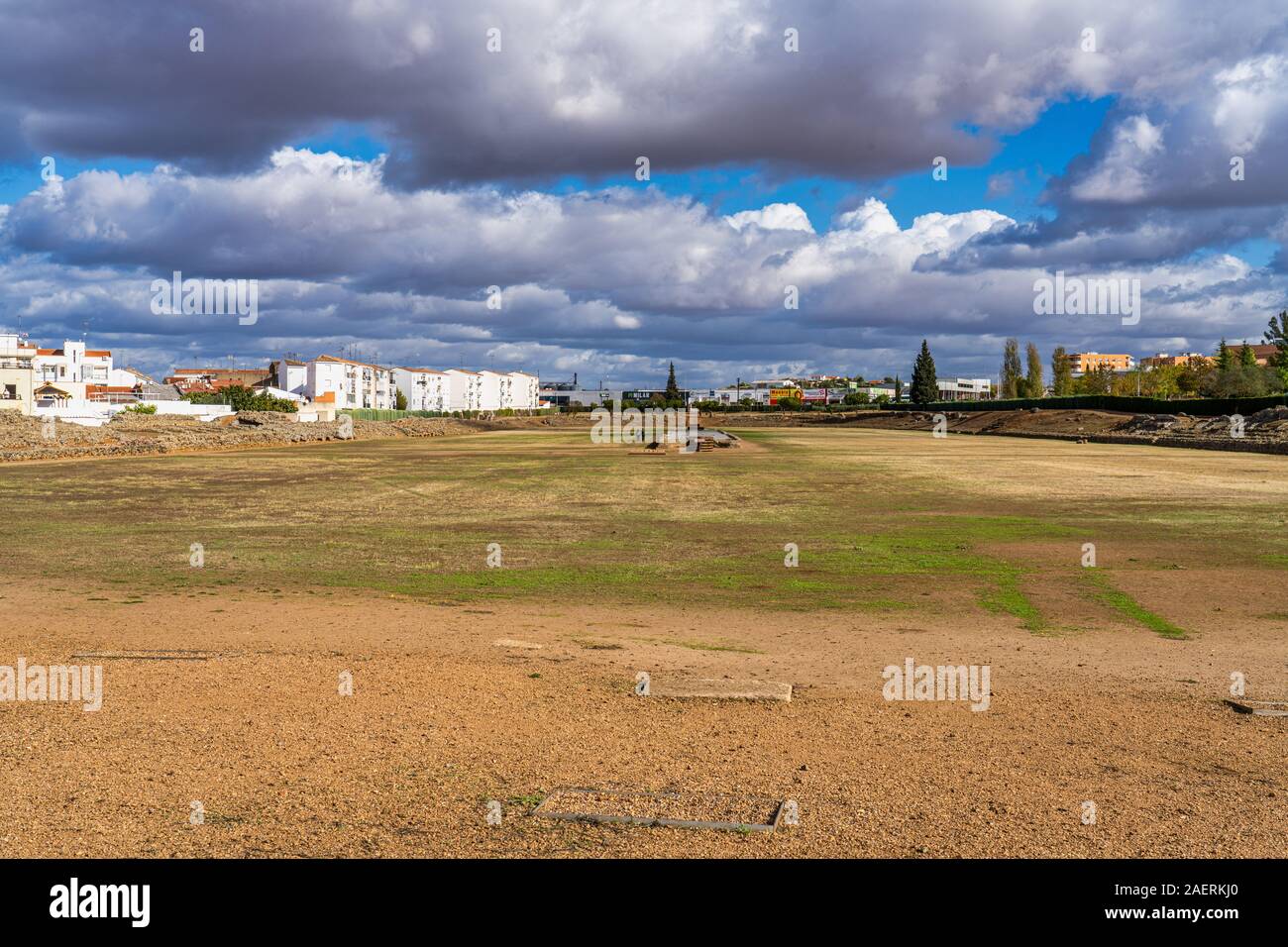 Der römische Circus von Merida, Spanien war für Chariot Racing verwendet und auf der Circus Maximus in Rom nachempfunden. Stockfoto