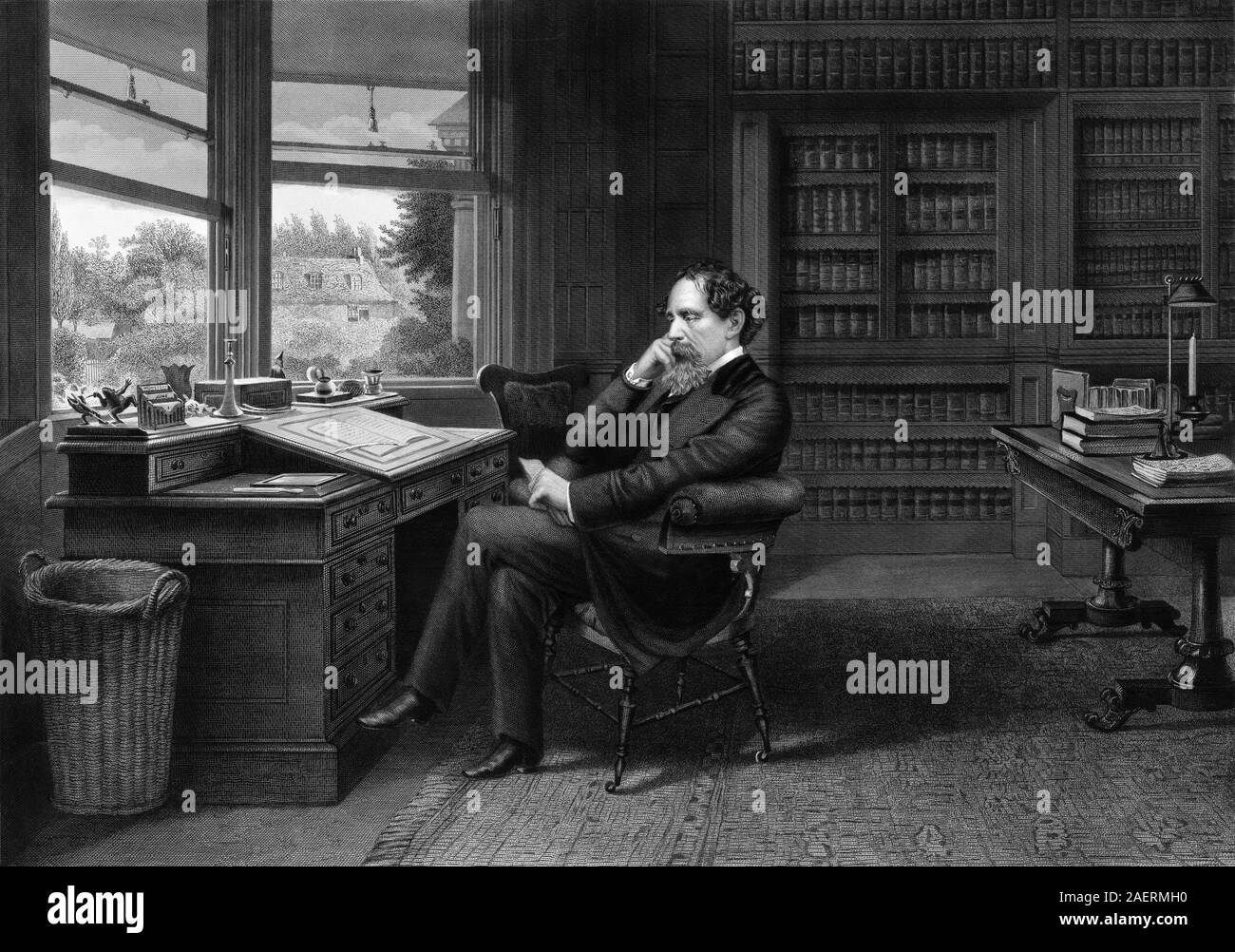 Vintage Print, Englisch Autor Charles Dickens (1812 - 1870) Sitzen am Schreibtisch in seiner Studie an Gads Hill Place, seine Heimat im Higham, Kent. Abbildung: ca. 1875 von Samuel Hollyer. Stockfoto