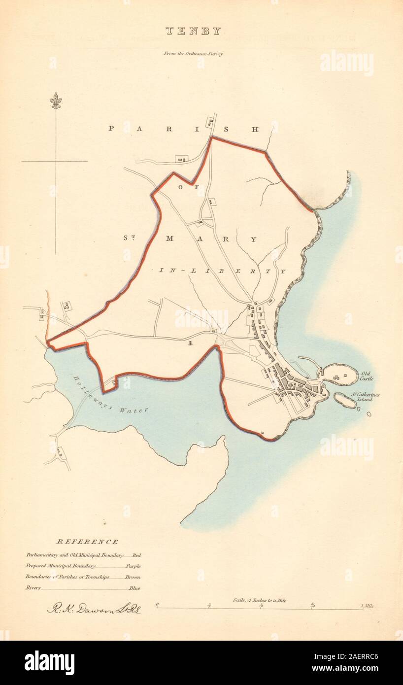 TENBY Gemeinde/Stadt planen. Grenzkommission. Pembrokeshire. DAWSON 1837 Karte Stockfoto