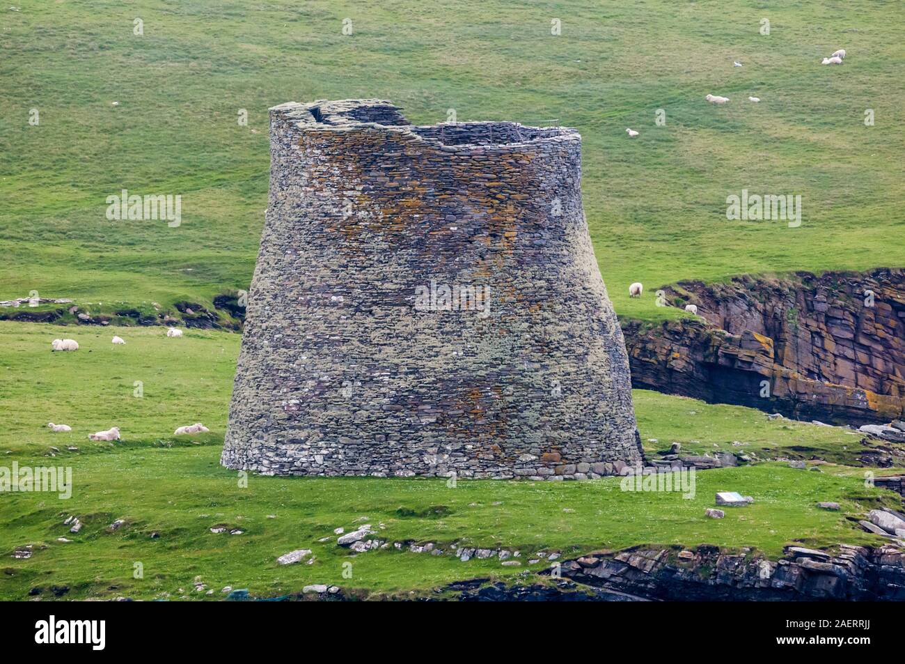 Mousa Broch in Shetland ist das höchste Broch noch und ist einer der am besten erhaltenen prähistorischen Bauten in Europa. Erbaut C. 100 v. Chr.. Stockfoto