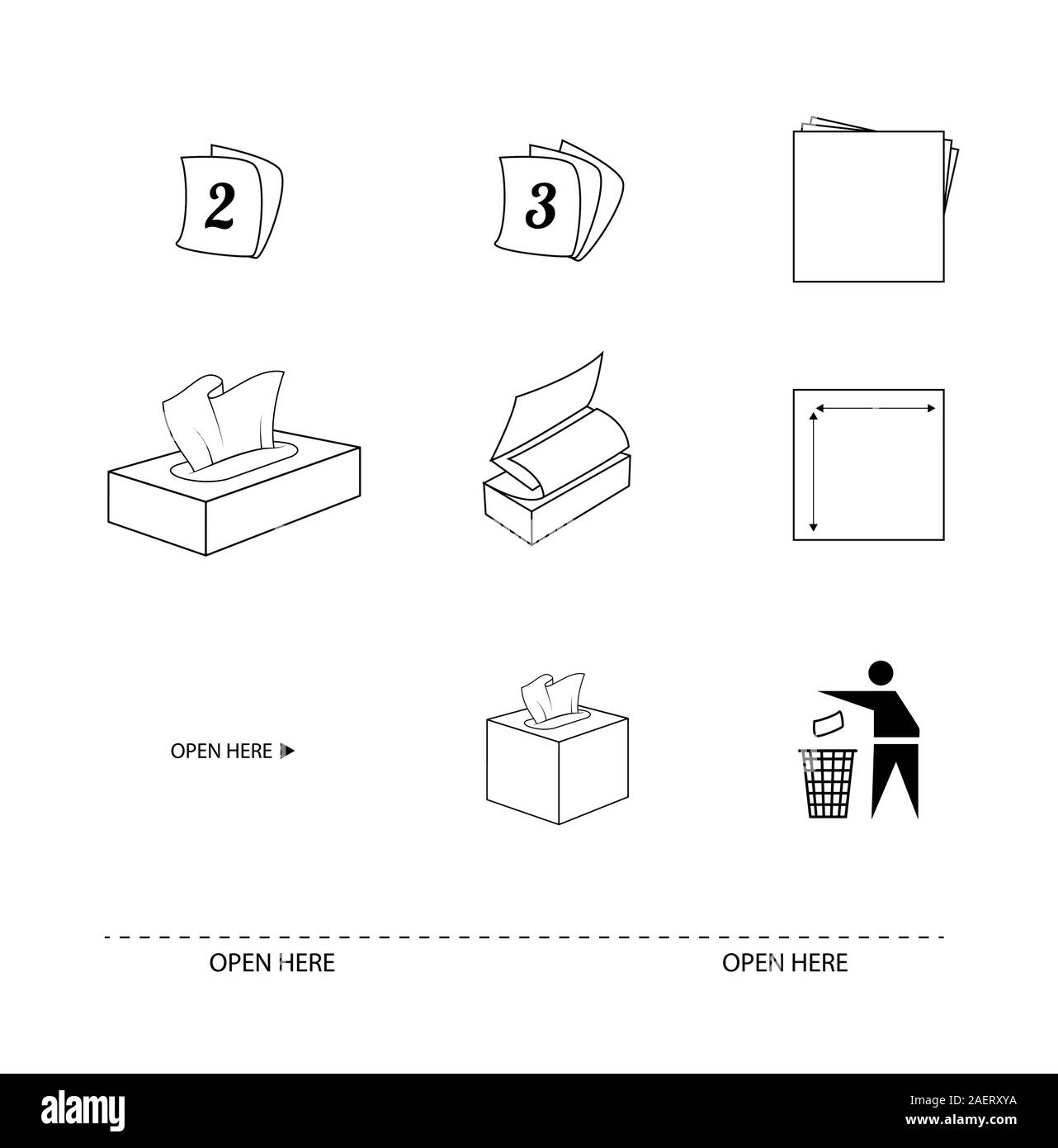 Papier und Tissue Handtuch flache Linie Symbole. Zeichen 2-lagig und 3-lagig Blätter. Papierkorb-Symbol. Blattgröße. Hier Wegbeschreibung öffnen. Vector Illustration Stock Vektor