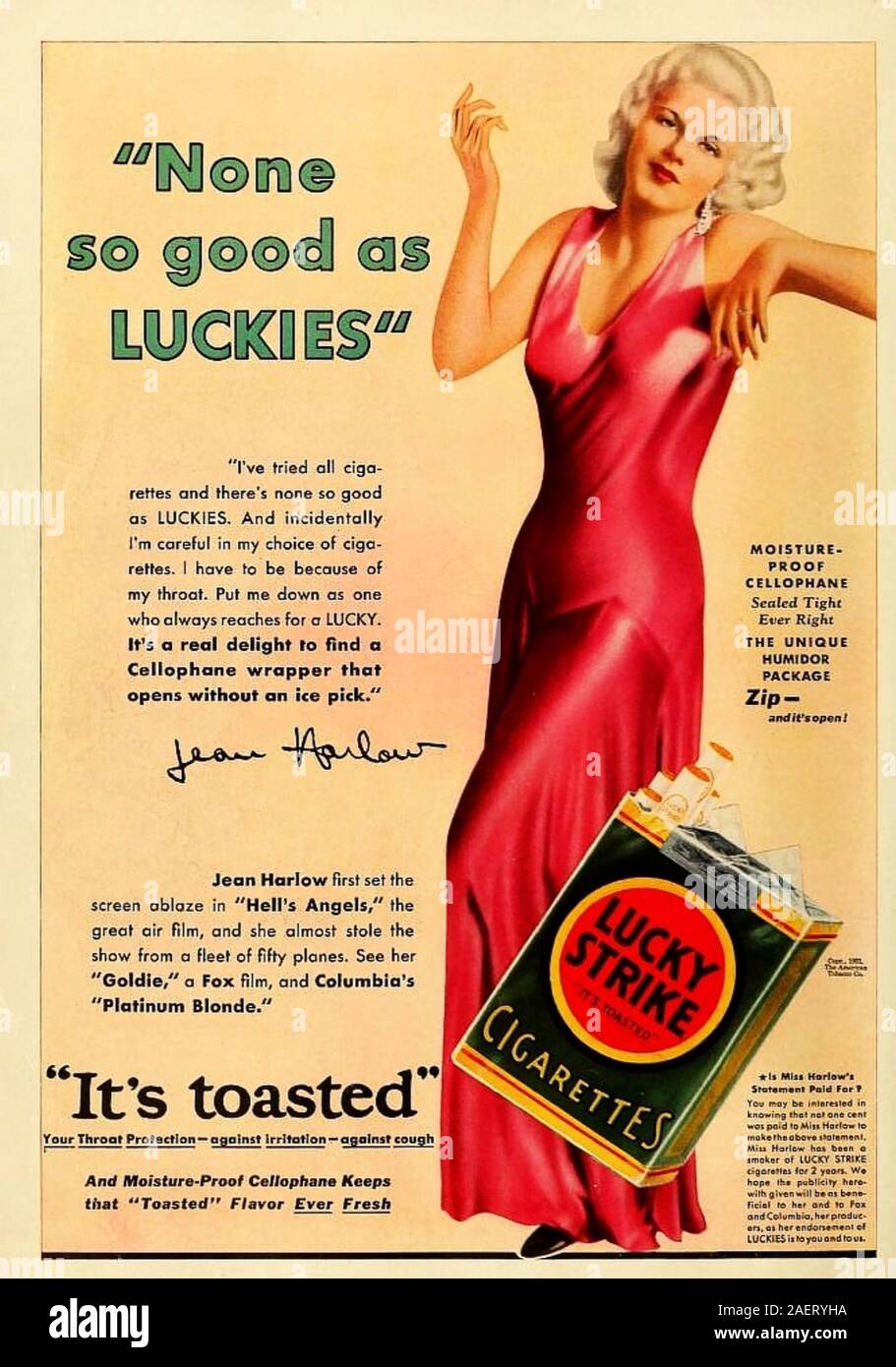 JEAN HARLOW (1911-1937), US-amerikanische Schauspielerin in einer Zigarette Anzeige fördert auch ihr Film 1931 Plantinum Blond Stockfoto