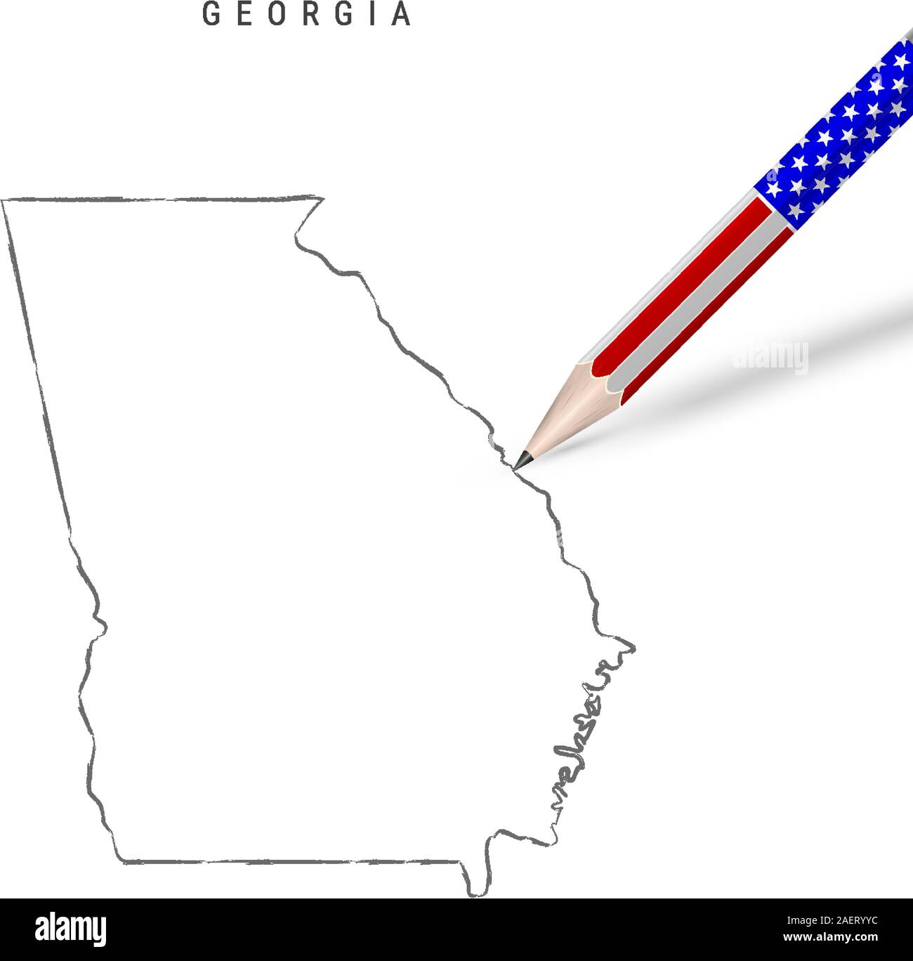 Georgien US-vektorkarte Bleistift Skizze. Georgien Außenkontur Karte mit 3D-Bleistift in der amerikanischen Flagge Farben. Freehand Vektor, Hand ske gezeichnet Stock Vektor