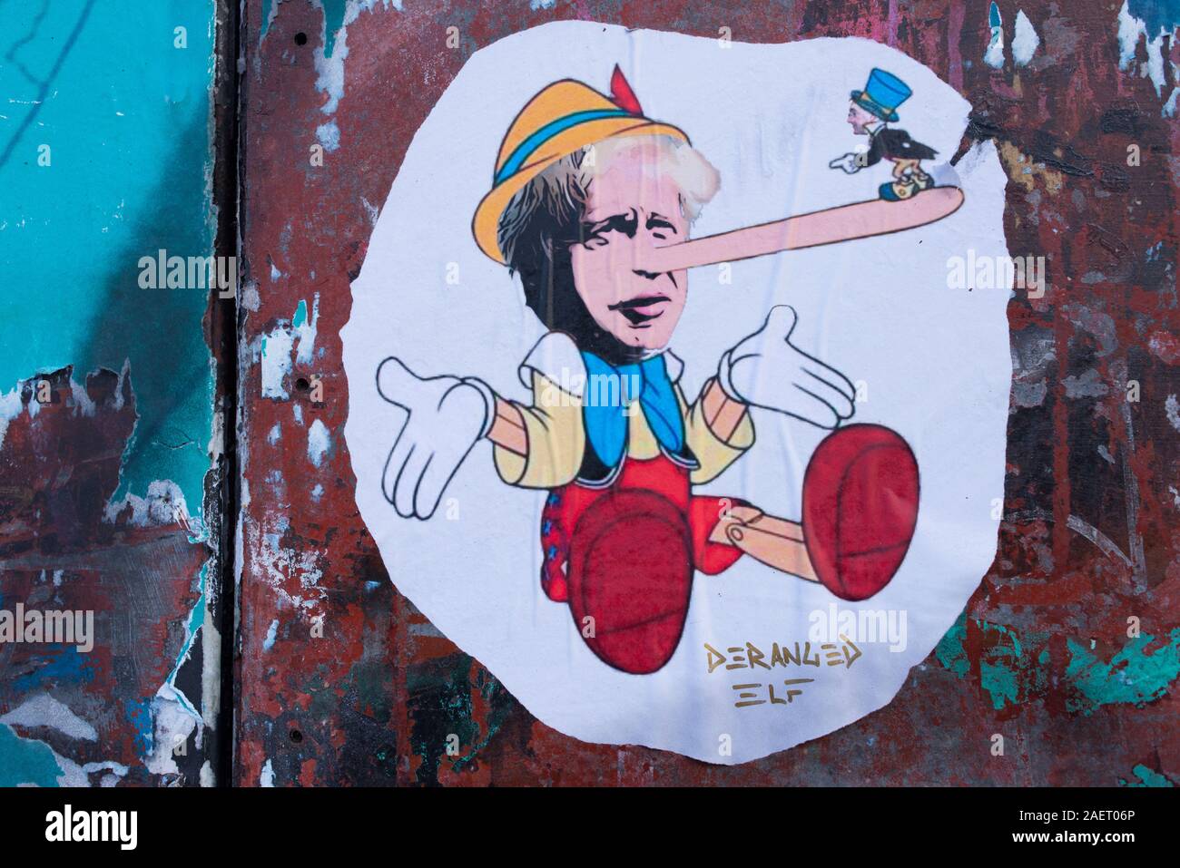 Wandgemälde, Boris Johnson als Pinocchio, die ihm als ein Lügner in Shoreditch East London Stockfoto