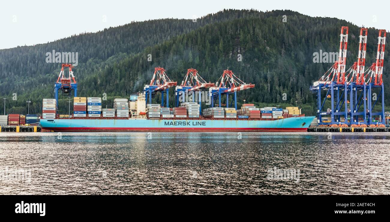 Fairview Container Terminal mit Maersk Kokura, Prince Rupert, British Columbia. Stockfoto