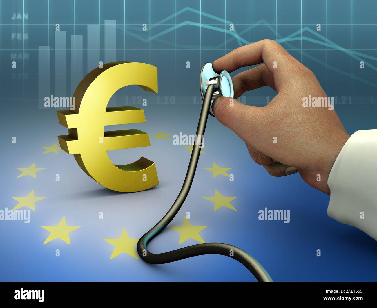 Arzt mit einem Stethoskop ein gold Euro Symbol zu prüfen. Digitale Illustration. Stockfoto