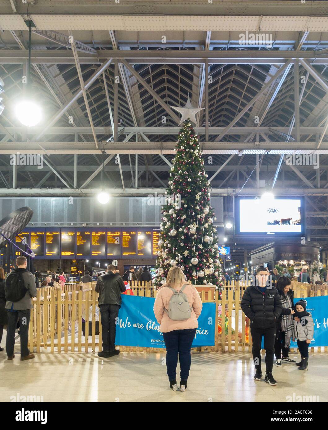Die geschmückten Weihnachtsbaum in der bahnhofshalle Hauptbahnhof von Glasgow, Schottland, mit Passagieren zu betrachten, während andere auf ihre Züge bewegen. Anzeigetafel im Hintergrund. Stockfoto