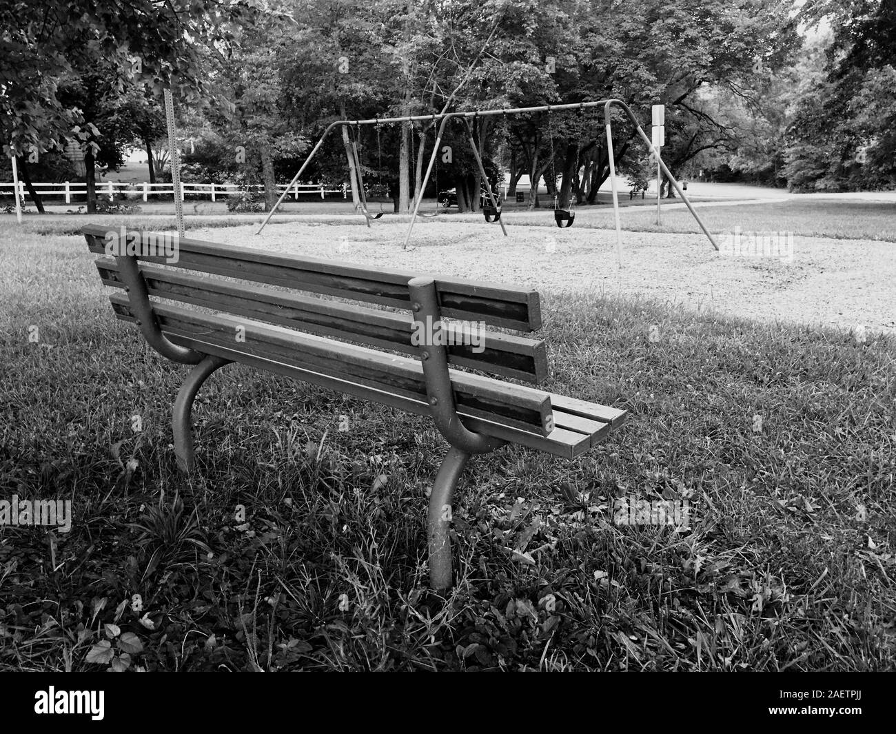 Eine isolierte Parkbank in einem Park Stockfoto