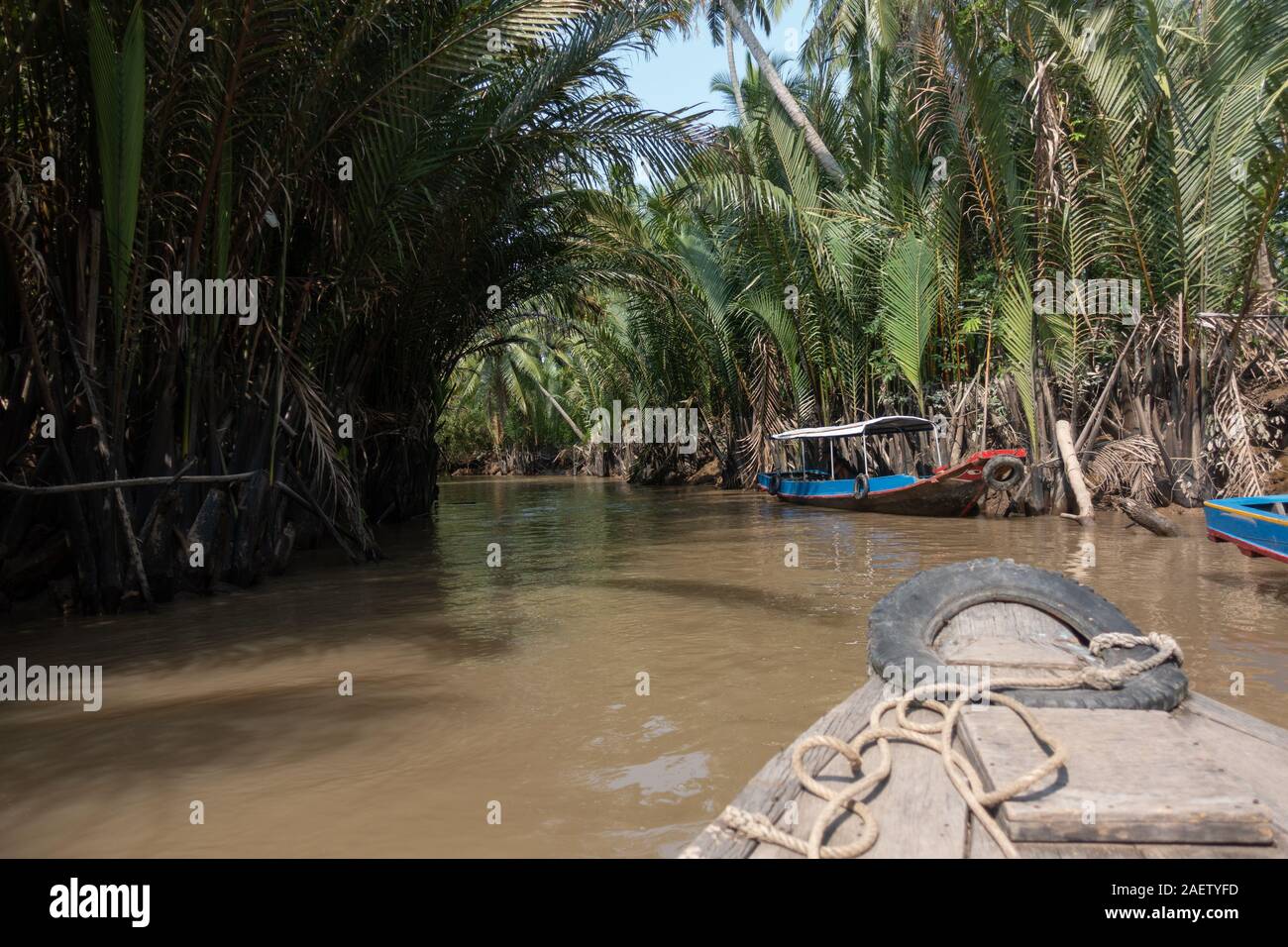 Der Blick von einem kleinen Boot auf dem Mekong Delta im Süden Vietnams Stockfoto