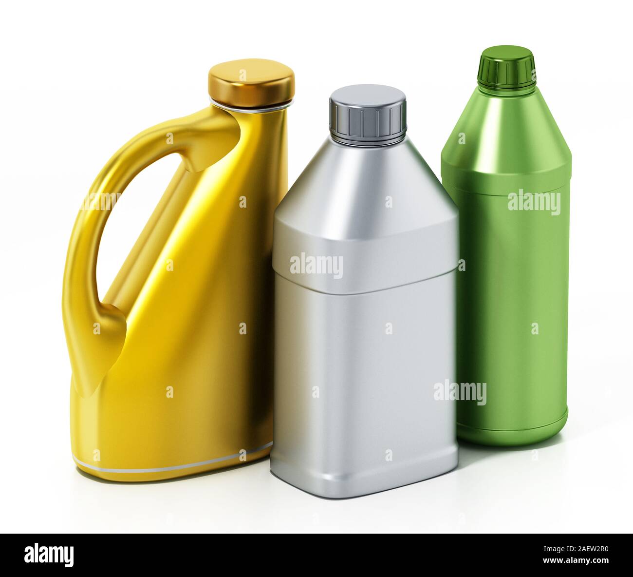 Flaschen auto Flüssigkeiten auf weißem Hintergrund. 3D-Darstellung. Stockfoto
