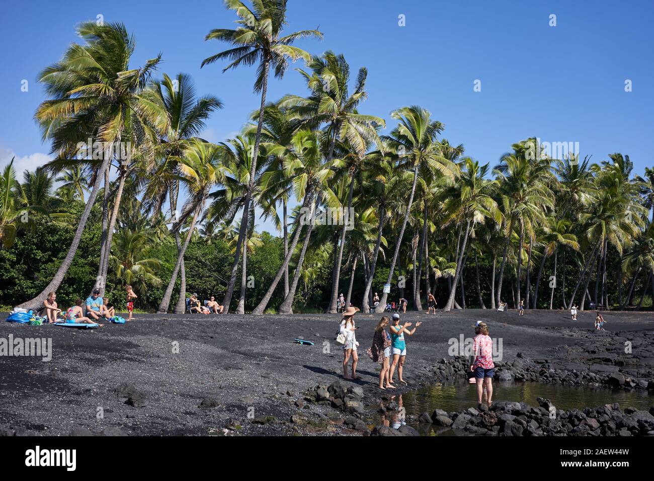 Besucher am Punalu'U Black Sand Beach, einem Strand zwischen Pāhala und Nāʻālehu auf der Big Island, Hawaii, am Donnerstag, 28. November 2019. Stockfoto