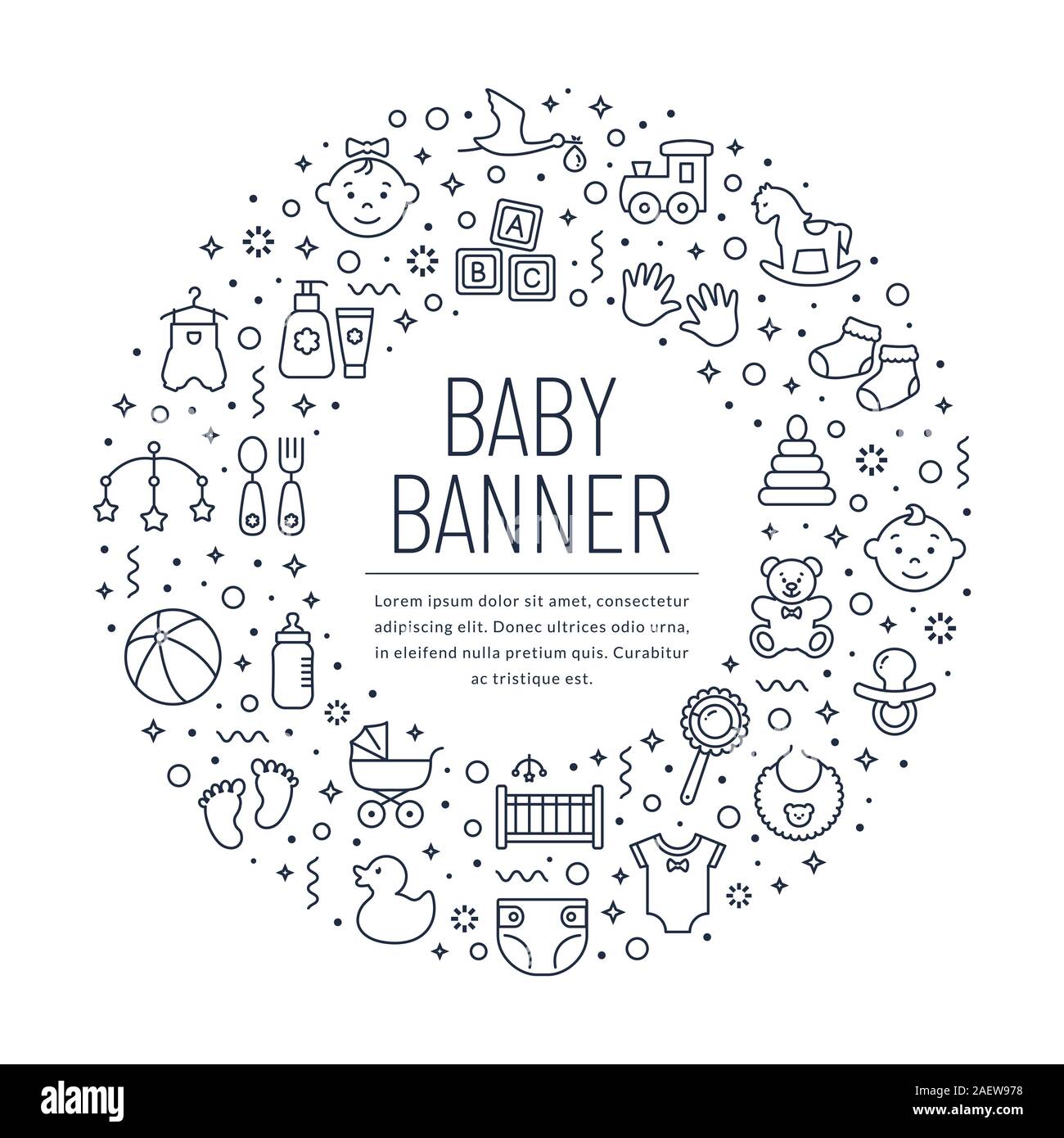Babybanner mit Linien-Symbolen. Kinderspielzeug und Kleidung, Neugeborene und Kinder. Weißer Hintergrund mit schwarzen Umrisssymbolen und Textort. Stock Vektor