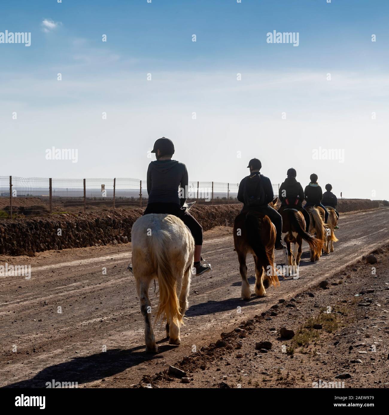 In der Gruppe der Menschen mit dem Pferd in absteigender Reihenfolge und gegen das Licht Stockfoto